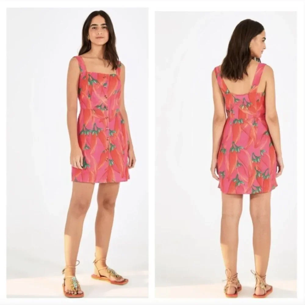 FARM Rio Red Pepper Linen Mini Dress XS NWT Spice Summer Vacation Tomato Girl - Picture 5 of 16